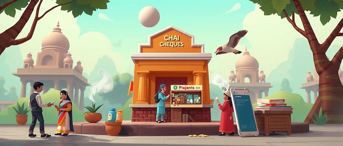 Chai Cheques Champions game cover showing Indian bank interface with chai stall and chequebook